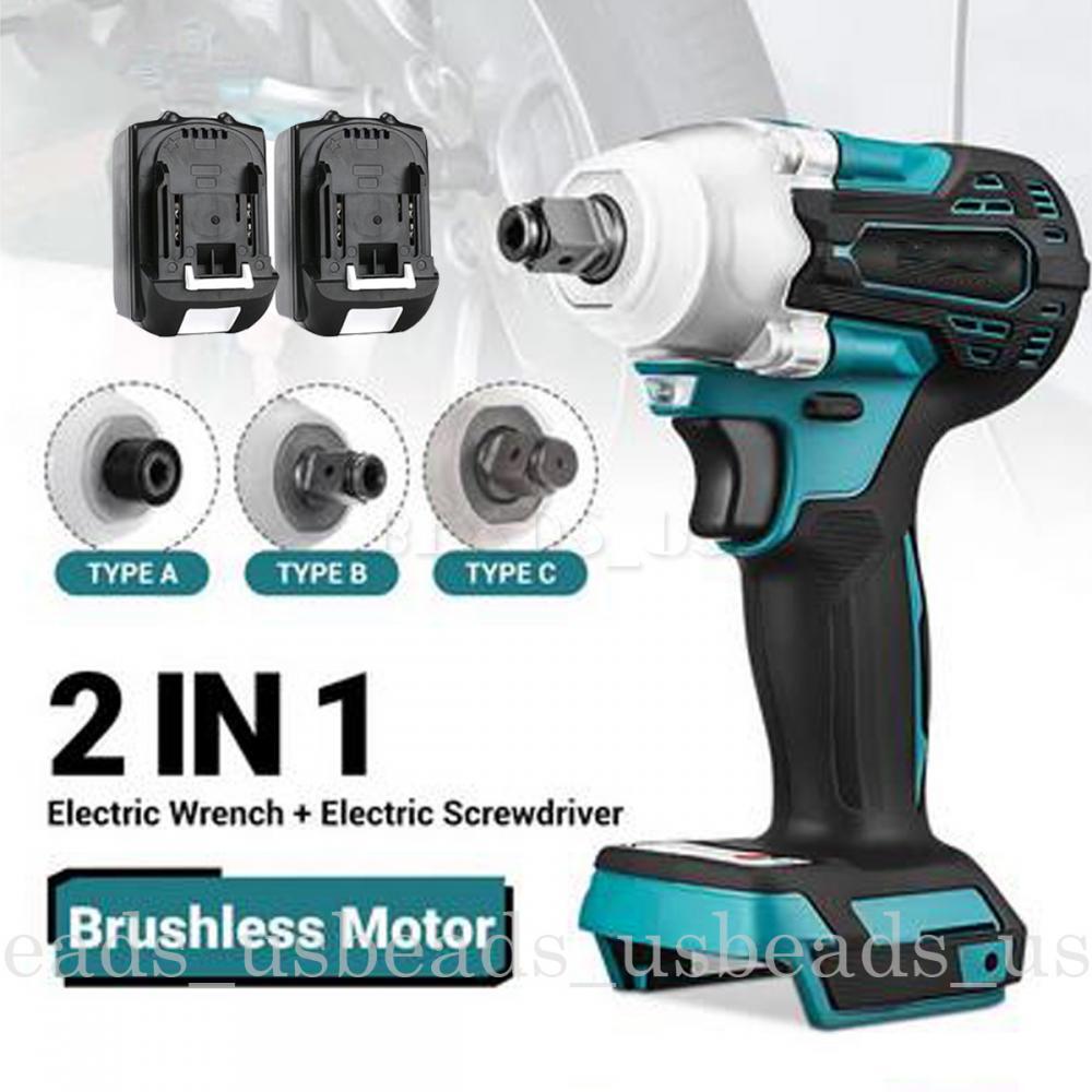 Cordless Electric Impact Wrench Gun 1/2'' with 2 Battery+Charger For Makita 18V