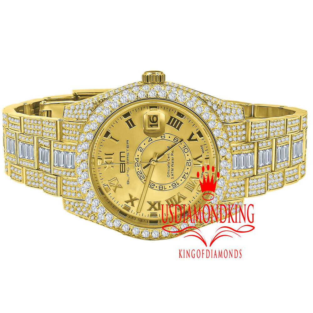 Pre-owned Bling Master Men's Stainless Steel 18k Yellow Gold Finish Simulated Diamond Watch 42mm W/date