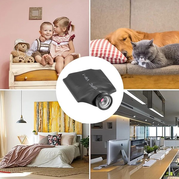 Collage of cozy home interior, kids, pets, and camera.