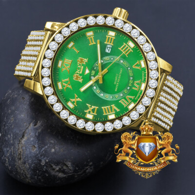 Pre-owned Ice House Real Diamond Green Emerald Dial Roman Face Gold Tone Custom Band Bezel Xl Watch
