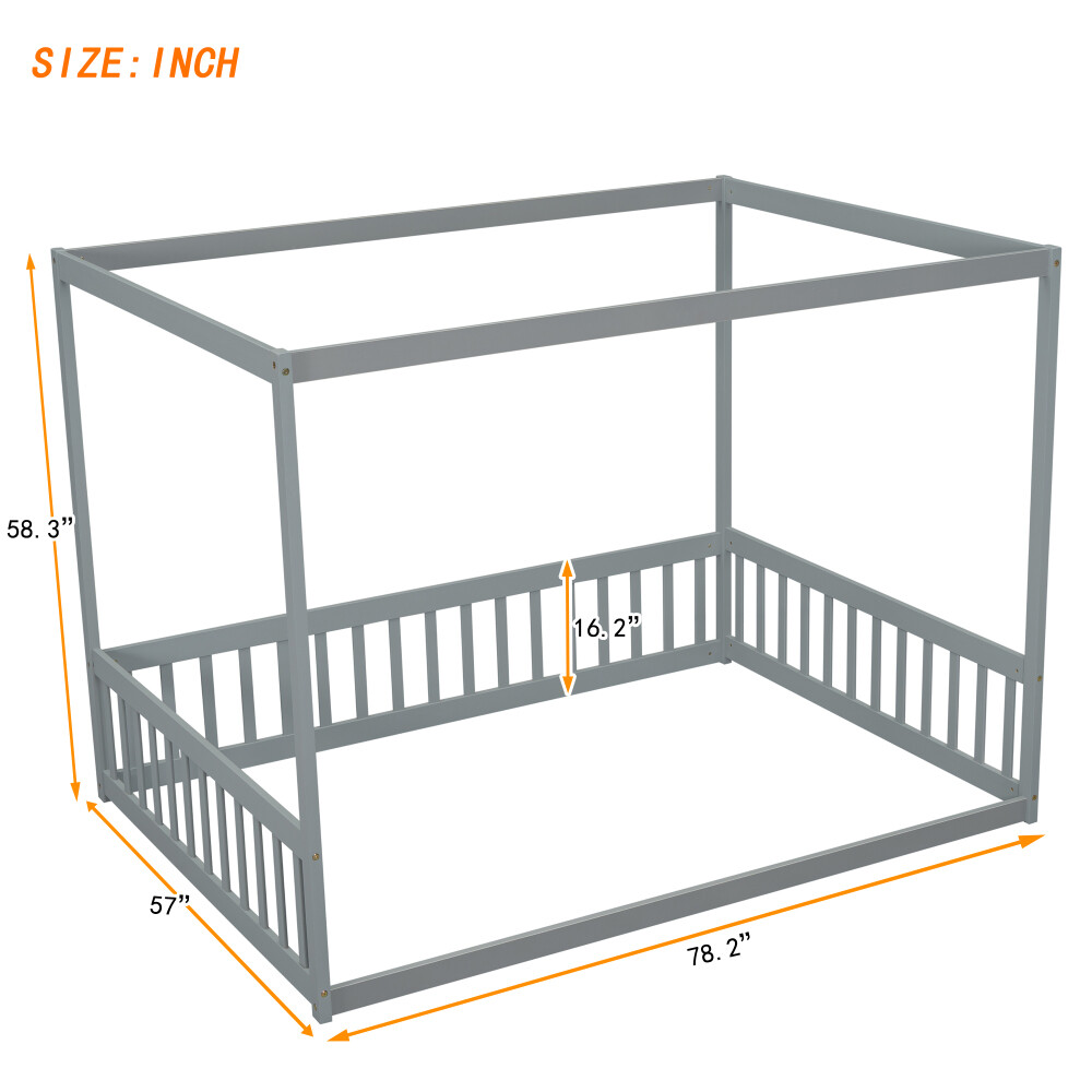 Full Size Wood Canopy Bed Frame Four-Poster Canopied Platform Floor Bed Frame US