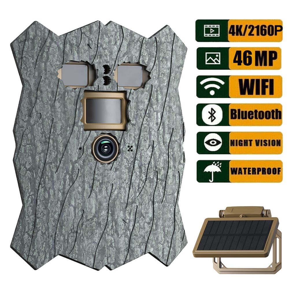 Solar Wildlife Camera WiFi 4K 46MP Trail Camera Hunting Cam No Glow Night Vision