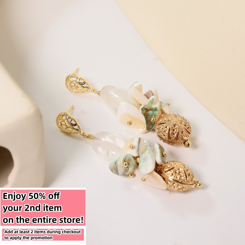 Natural Shells Earrings W/ Bohemian Baroque Drop 925 Silver - Picture 1 of 8