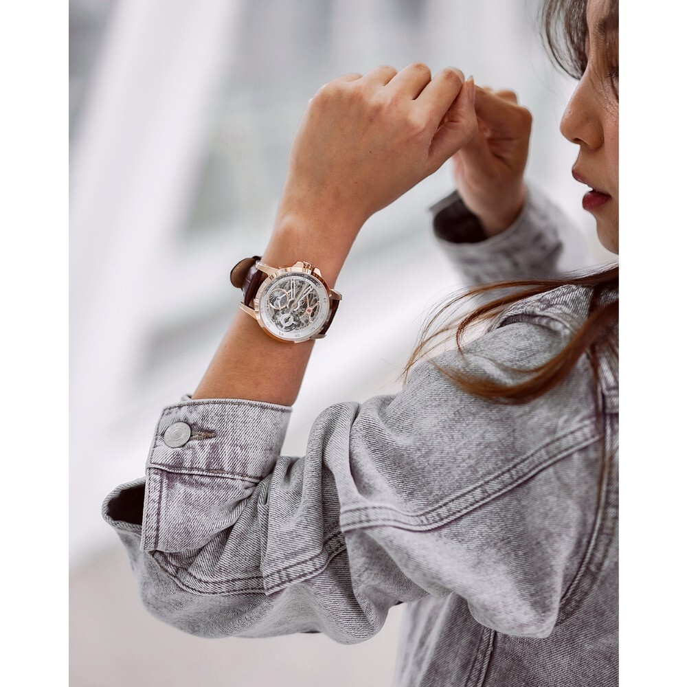 Pre-owned Arbutus Skeleton Dial Brown Leather Women Watch Ar1905rwf