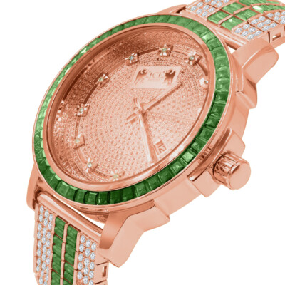 Pre-owned Ice House Emerald Green Stainless Steel Bezel Watch 18k Rose Gold Real Diamond Dial W/date