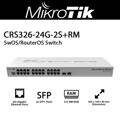 Mikrotik CRS326-24G-2S+RM 24 port Gbit Ethernet Switch with 2x SFP+ Ports 