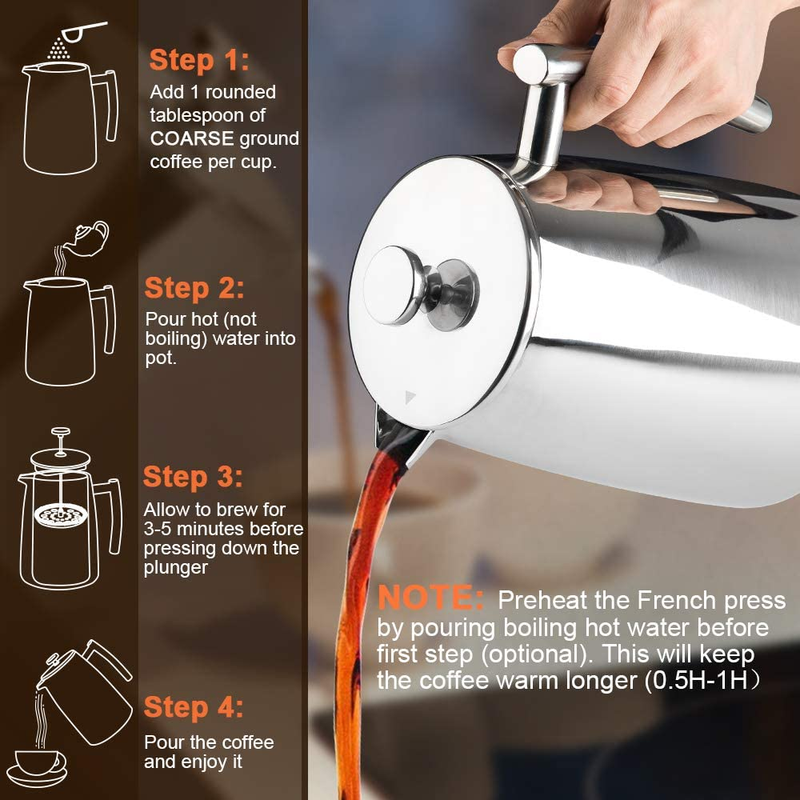 French Press Coffee Maker 50-Ounce 18/10 Stainless Steel Insulated Coffee Pres
