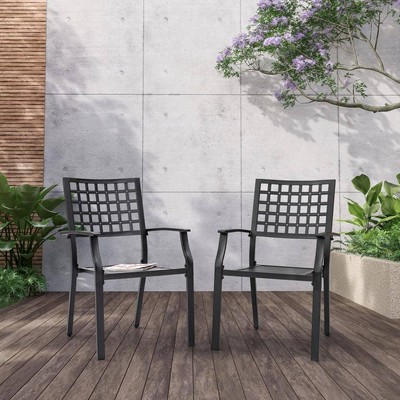 Nuu Garden Outdoor Dining Chair 2-Piece Stackable Iron-Frame Armchair in Black