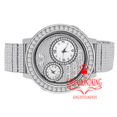 Pre-owned Khronos Steel Bezel 10 Row Custom Band 2 Time Zone  Watch White Gold Tone Diamond