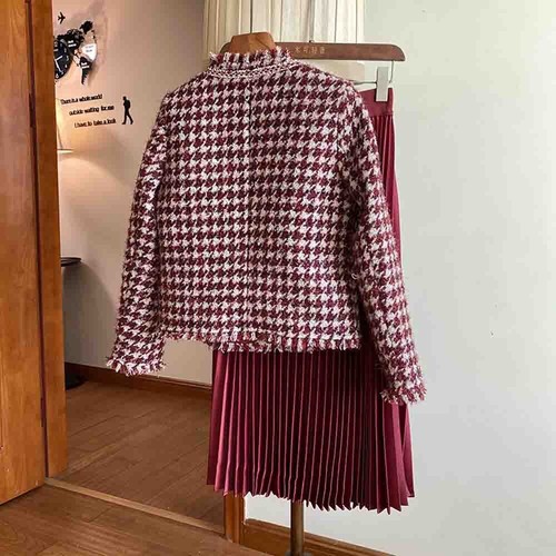 Pre-owned Handmade Custom Made To Order Tweed Houndstooth Jacket/pleated Skirt Set Plus 1x-10x L826 In Red