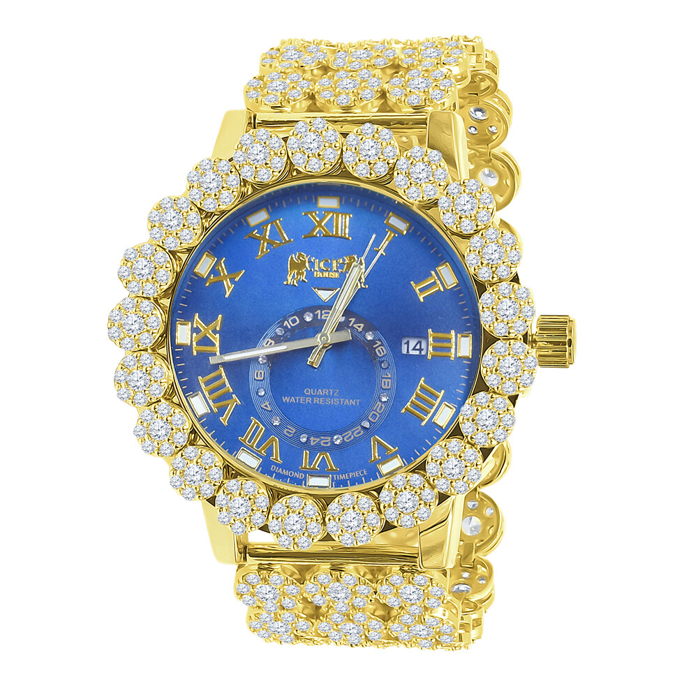 Pre-owned Icy Men Blue Sapphire Real Diamond Roman Dial Flower Band Bezel Gold Tone Watch