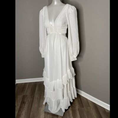 Pre-owned Patbo Cutout Tiered Crochet-knit And Satin-jersey Maxi Dress In White