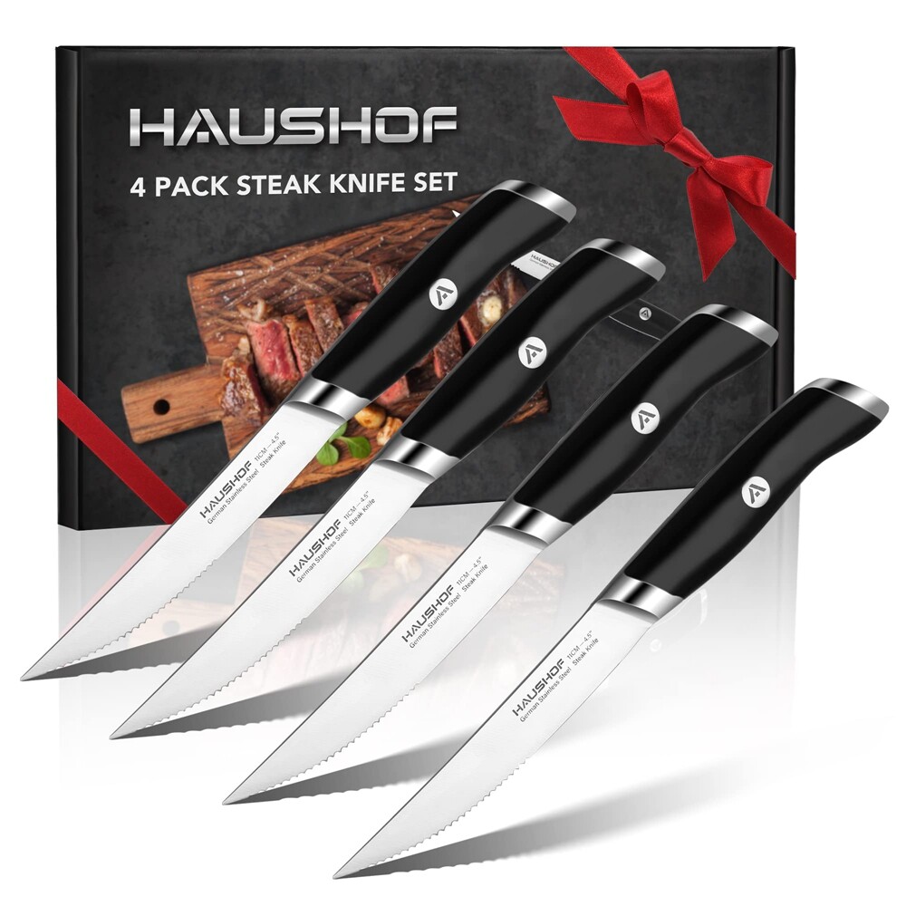 HAUSHOF Steak Knives Set of 4 German Stainless Steel Full Tang Design w/Gift Box