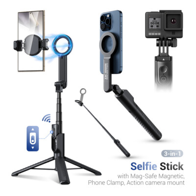 Magnetic Phone Selfie Stick Tripod Remote Control fr iPhone 15 14 13 Pro Magsafe