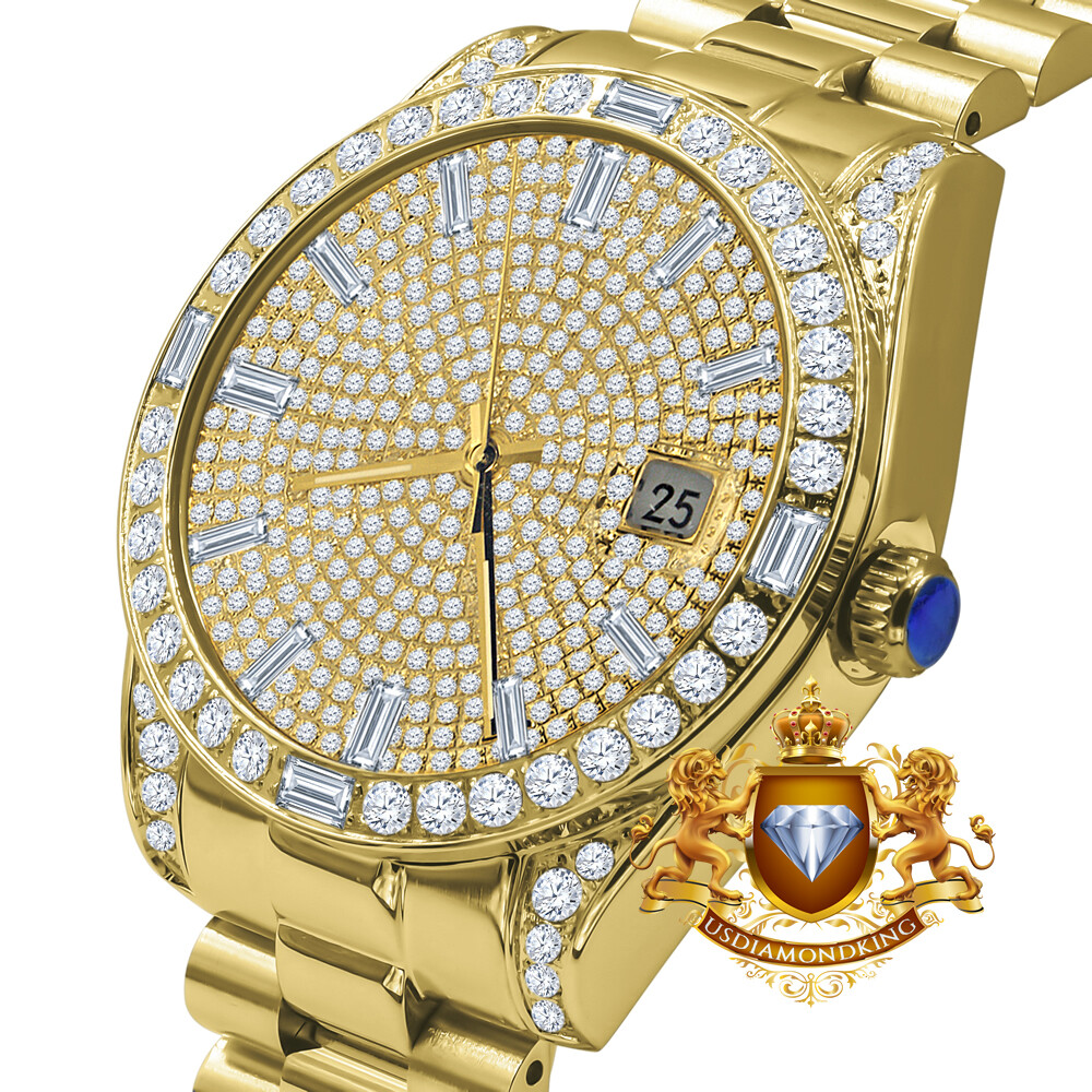 Pre-owned Bling Master 18k Yellow Gold Tone Solid Steel Baguette Simulated Diamond President Watch 40mm