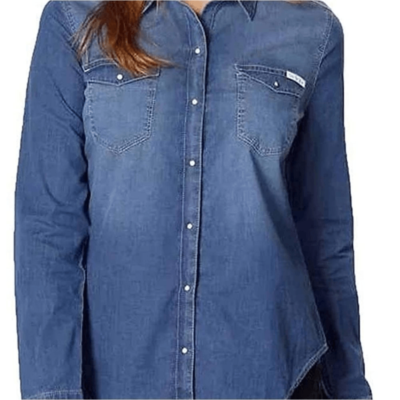 Calvin Klein Women's Blue Brady White Small Snap Front Denim Shirt