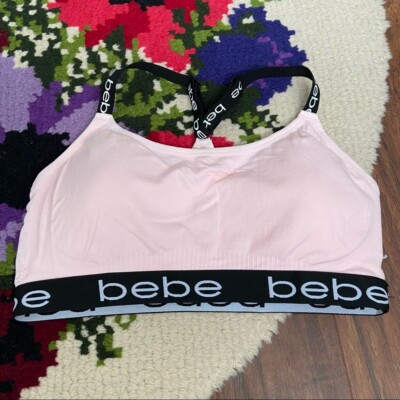 Bebe Women's Size 2X Light Pink and Black Logo Racerback Padded Sports Bra