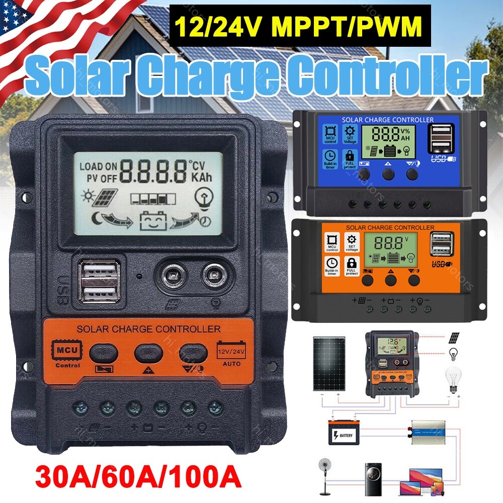30-100A MPPT/PWM Solar Panel Battery Regulator Charge Controller 12/24V Dual USB