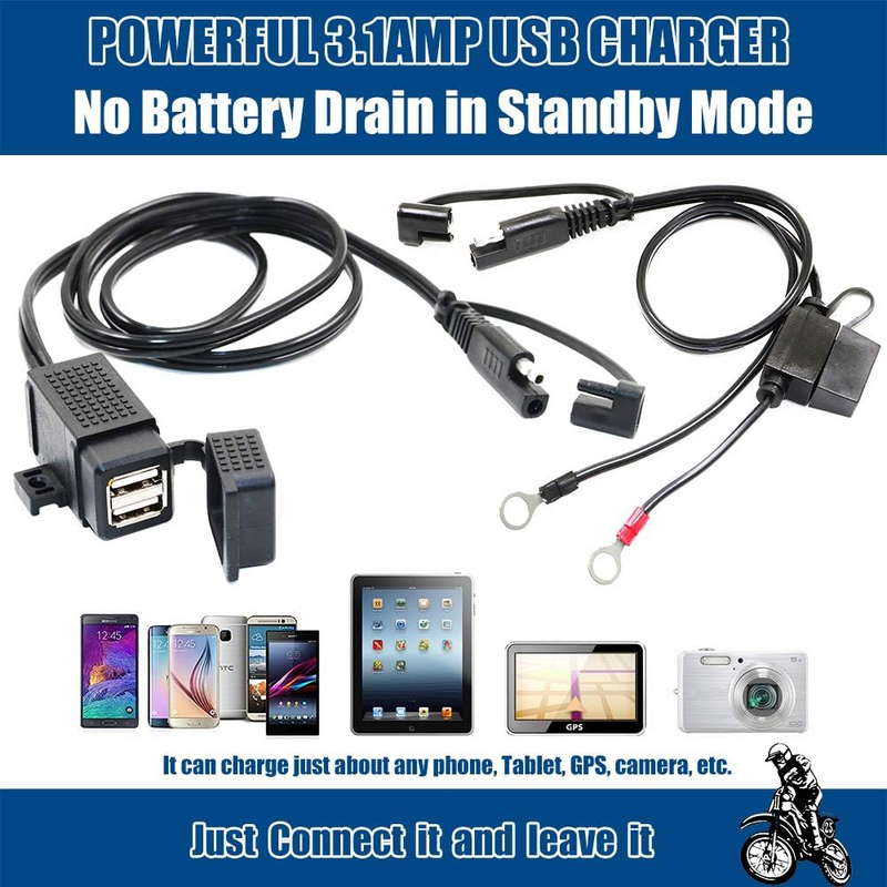 MP0609EA 3.1Amp Waterproof Motorcycle Dual USB Charger Kit SAE to USB Adapter Ca