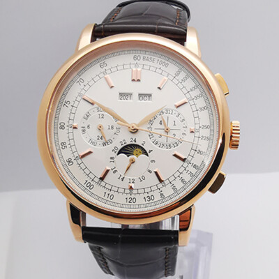 42mm Sterile Rose Gold White Dial Moon Phase Multifunction Automatic Men's Watch