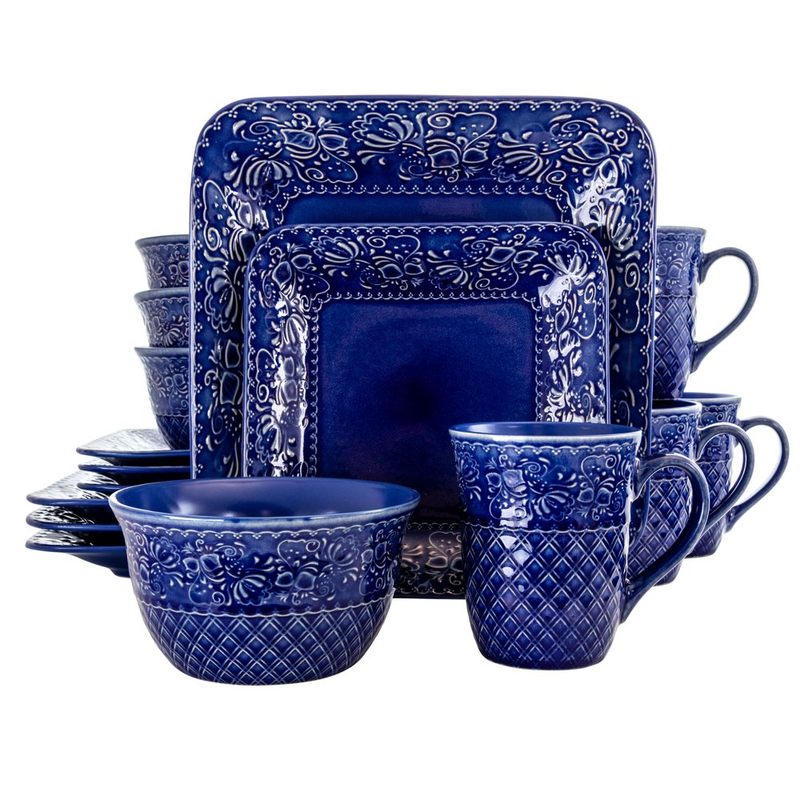 Square Stoneware Dinnerware Set Blue Floral 16 Piece Service for 4 Dinner Plates