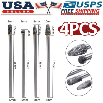 4 Rotary Burr Set Head Tungsten Carbide Burrs 6mm (1/4'') Shank Double Cut Bit