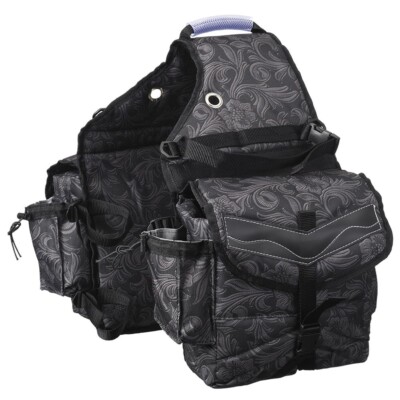 Western Saddle Bags - Multi-Pocket Insulated Nylon - Black - Brown Tooled Prints