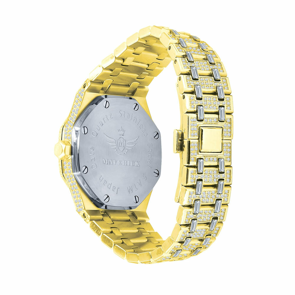 Pre-owned Bling Master Full Steel Baguette Men's Yellow Gold Tone Finish Simulated Diamonds 42 Mm Watch