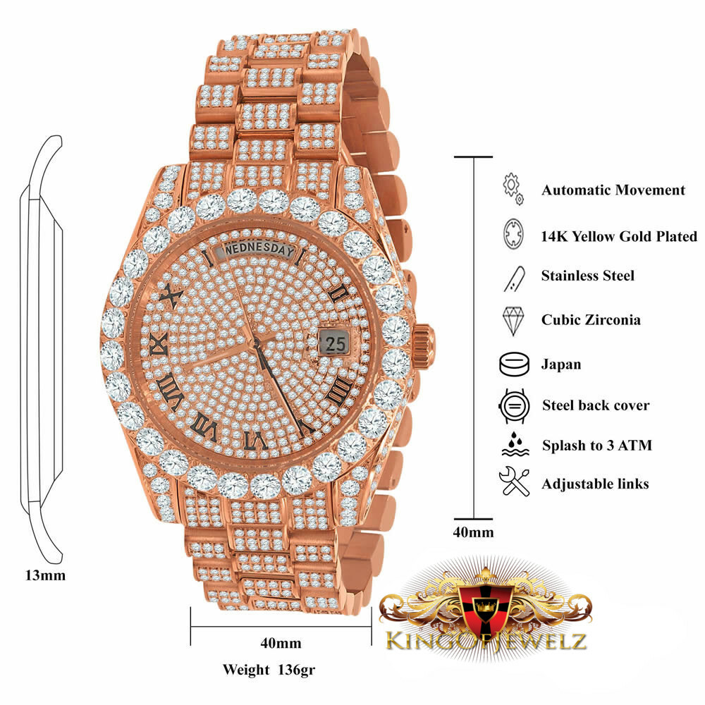 Pre-owned Bling Master 18k Rose Gold Finish Solid Stainless Steel Day & Date Roman Dial Solitaire Bezel