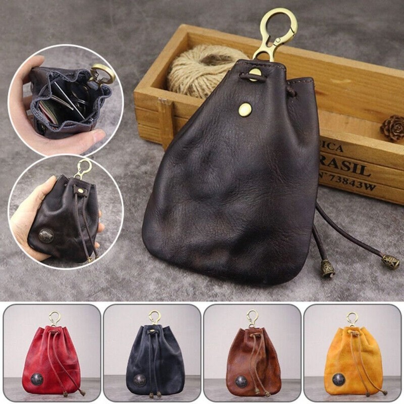 Retro Genuine Leather Coin Purse Pouch Drawstring Wallet Car Key Bag Hanging Bag