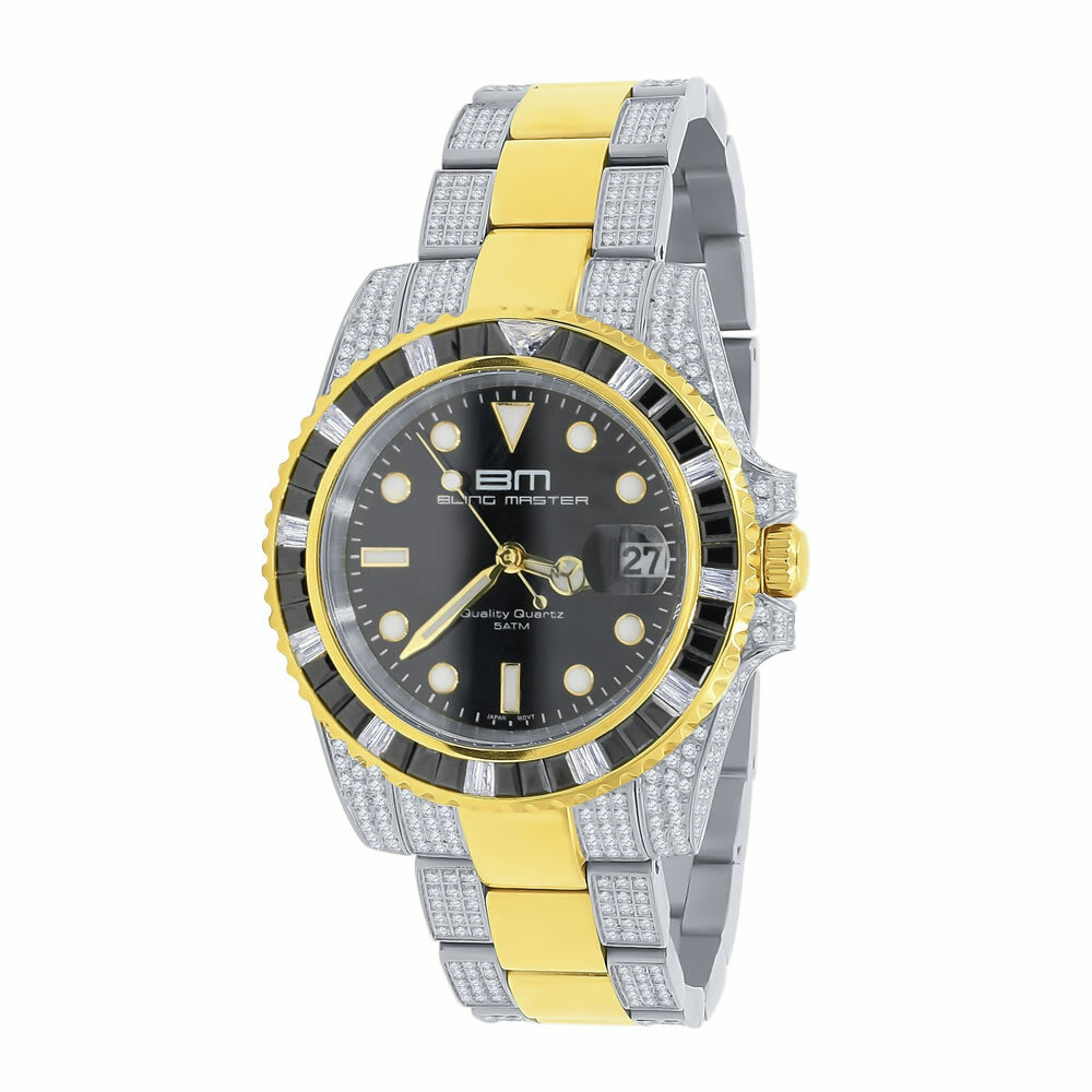 Pre-owned Bling Master Mens 18k 2 Tone Gold Finish Stainless Steel 40mm Simulated Diamond Watch W/date