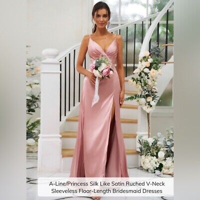Hebeos Satin V-neck Sleeveless Floor-LengthBridesmaid Dress Peachy Pink Size 14