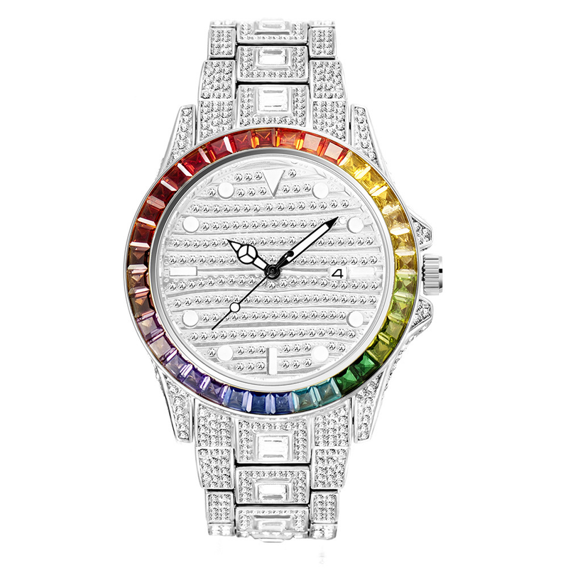 Men’s Rainbow Iced Out Crystal Watch Silver Tone Date Luxury Hip Hop Bling 