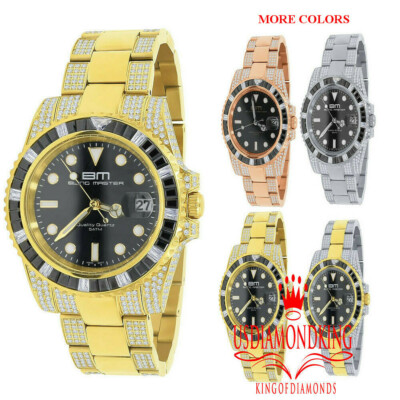Pre-owned Bling Master Full Steel 18k Yellow Gold Simulated Diamond 40mm Presidential Mens Watch W/date