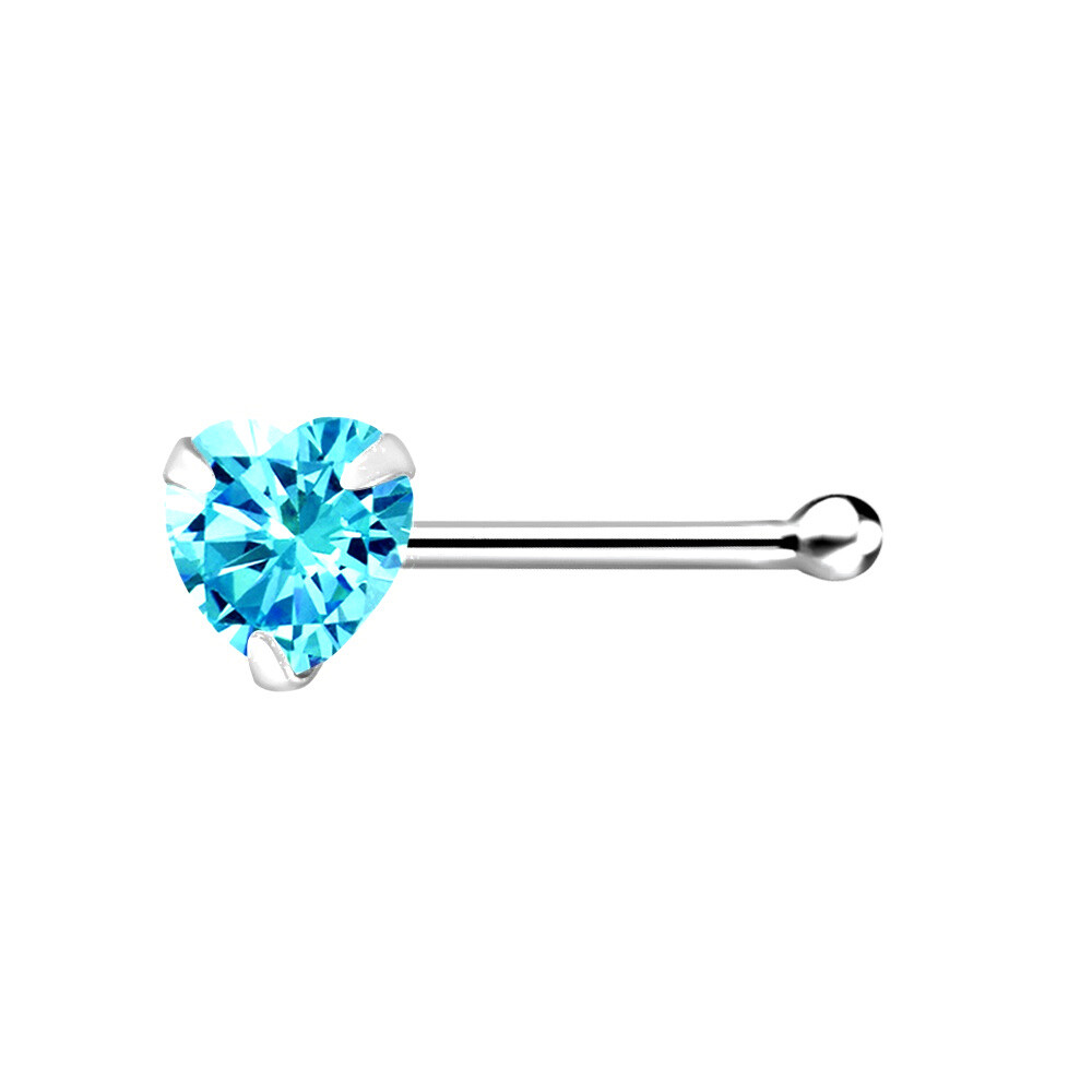 Aqua Light Blue CZ Heart Short Nose Stud Ball End 925 Sterling Silver Bone Ring