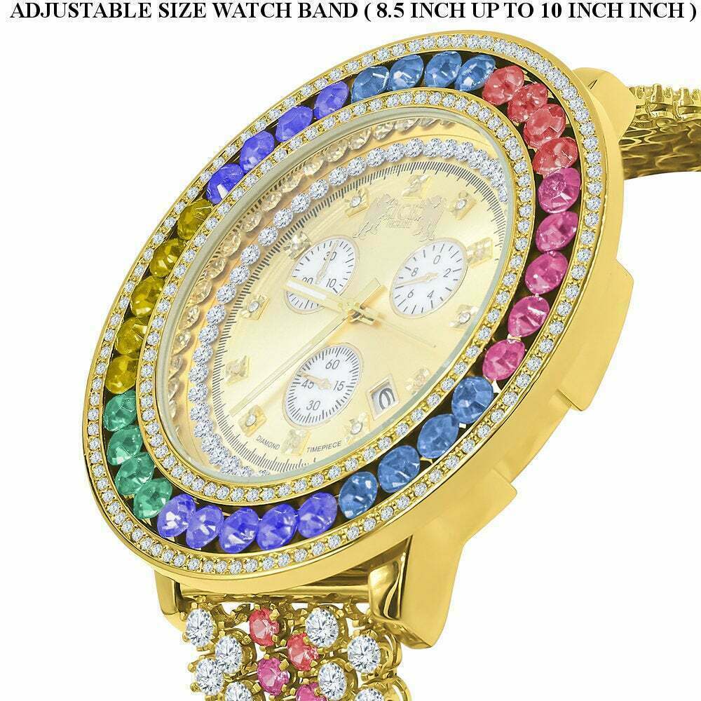 Pre-owned Ice House Real Diamond Gold Finish Rainbow Multi Color Band Removable Bezel Wrist Watch