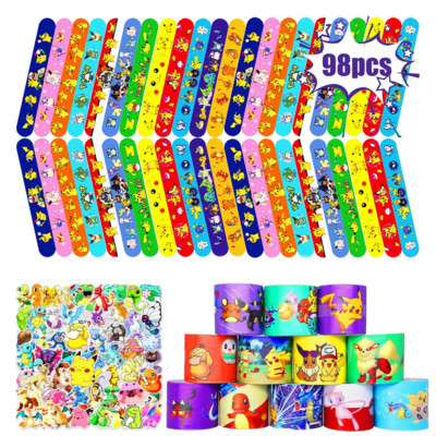 98 Pcs Pokemon Theme Slap Bracelet & Sticker Set Party Favors Birthday Supplies