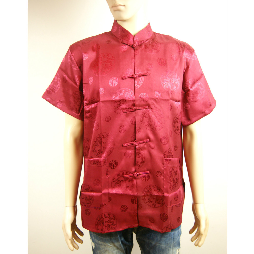 Cinesi orientali Mens KUNG FU Stile Rosso Top Shirt script Charms Dragons cmssh 1