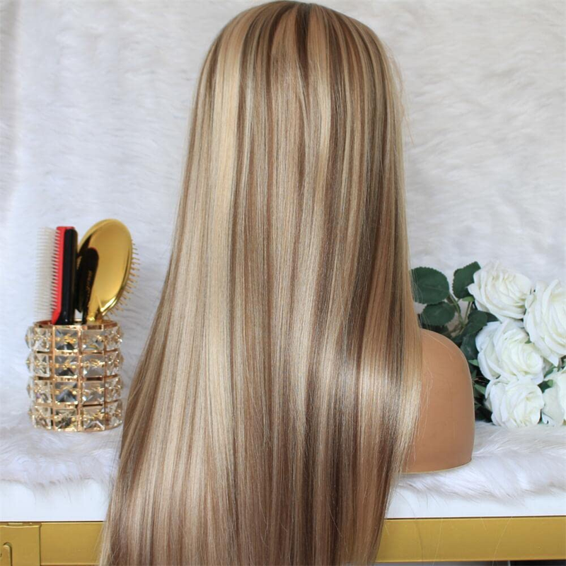 Long Straight Wig Mixed Brown and Blonde Color Ombre Lace Front Wigs for Women H