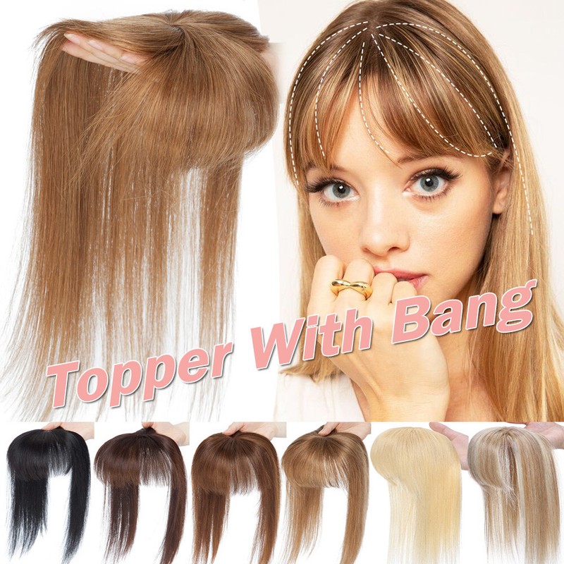 MONO/Silk Top Hairpiece With Bangs Clip In 100% Remy Human Hair Toupee Topper US