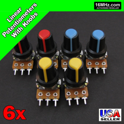 6x 10K OHM Linear Taper Rotary Potentiometers B10K POT with Black Knobs 6pcs U25