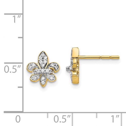 Pre-owned Jewelry Women's Earrings 14k Yellow Gold Diamond Fleur De Lis Post Button, 10 Mm In White