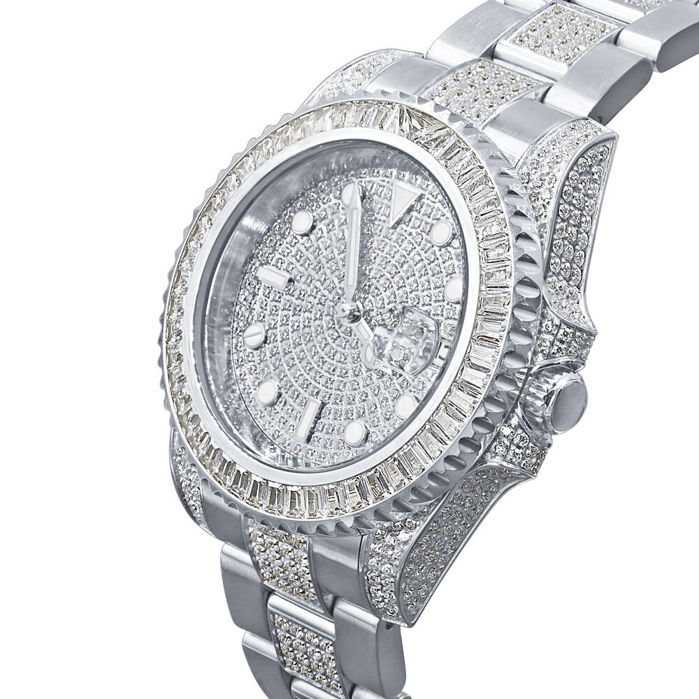 Pre-owned Bling Master 18k Solid Steel White Gold Baguette Simulated Diamonds W/date 40 Mm Men's Watch