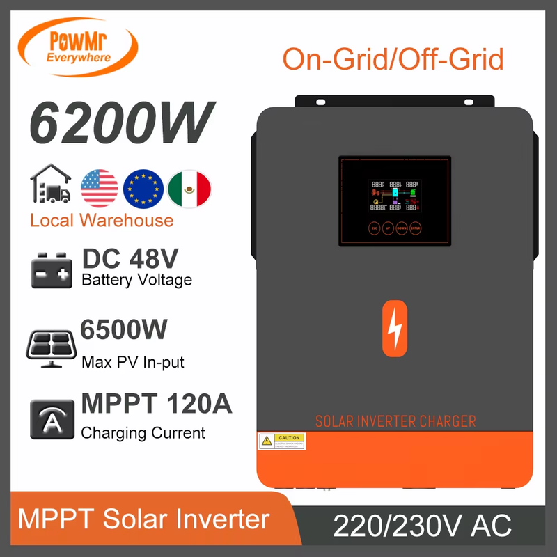 6200W On Grid/Off Grid Solar Inverter MPPT 120A Solar Charger Max PV Power 6500