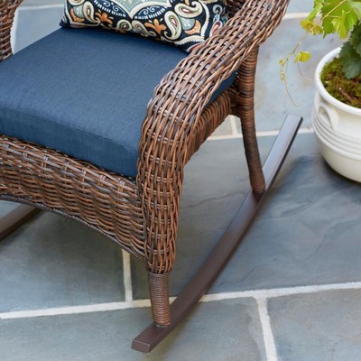 Hampton Bay Cambridge Brown Wicker Outdoor Rocking Chair with Blue Cushions