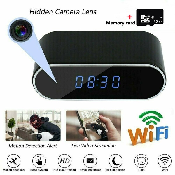 Digital clock with integrated hidden camera and WiFi connectivity.