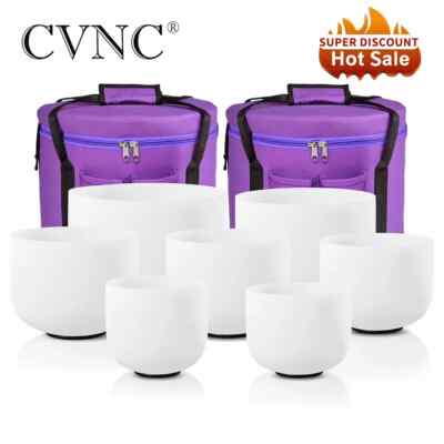 CVNC 432Hz 6-12''  7Pcs White Chakra Frosted Quartz Crystal Singing Bowl W/Bag