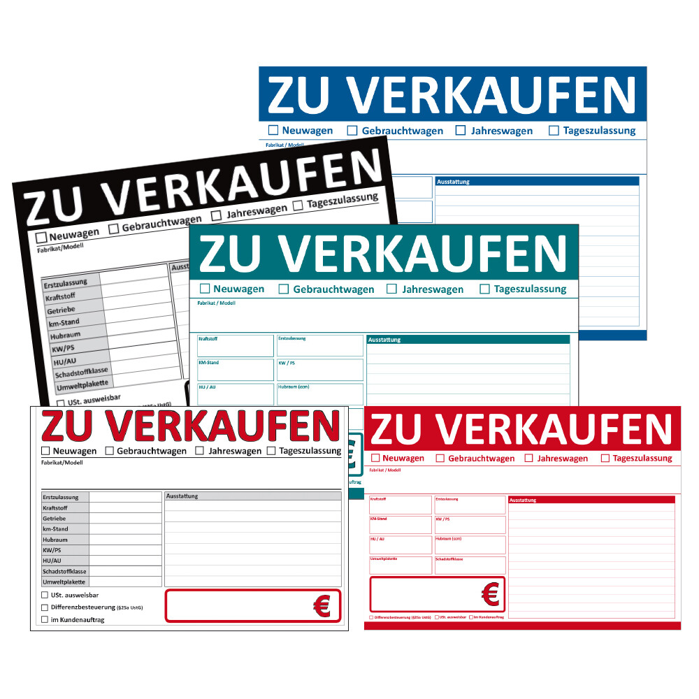 KFZ Auto Verkaufs-Schilder ZU VERKAUFEN DIN A4 Format, beidseitig bedruckt