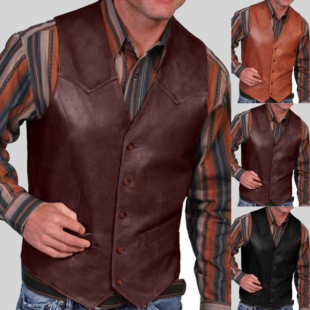 Mens PU Leather Single Breasted Vest Suit Vintage Blazer Tuxedo Wedding Party