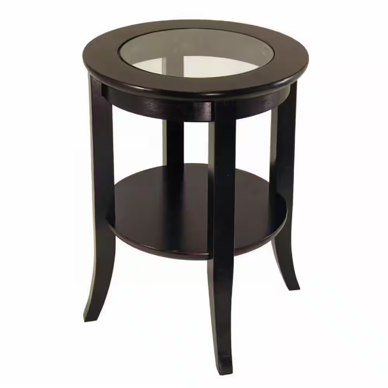 End Table Side Table Glass Top Wood Espresso Living Room Nightstand Shelf